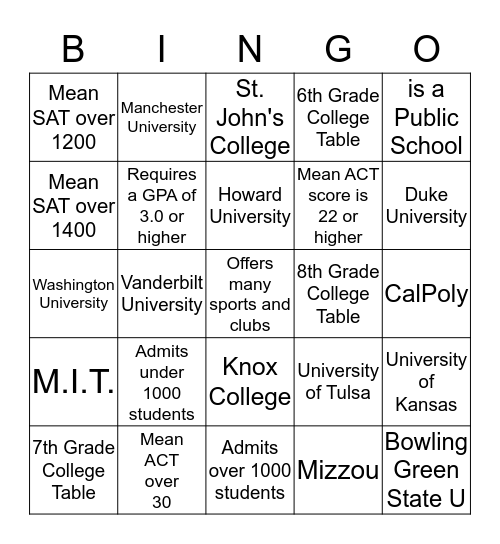 College Fair Bingo! Bingo Card