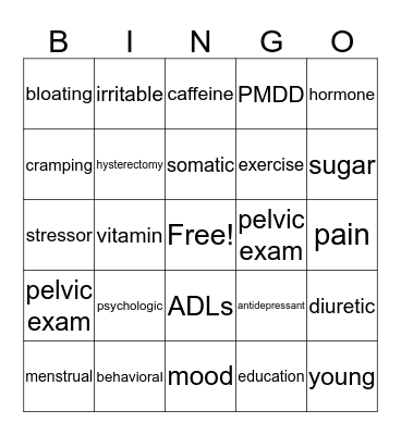 Premenstrual Syndrome Bingo Card