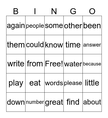 Advanced Sight Word Bingo Card