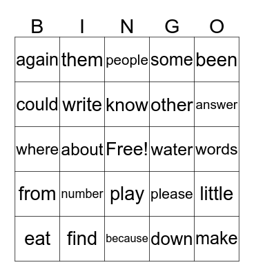 Advanced Sight Word Bingo Card
