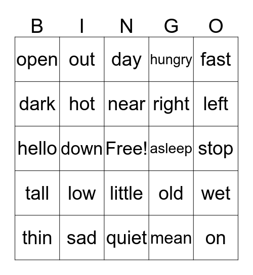 Opposites Bingo Card