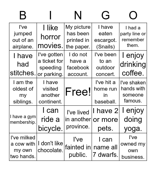 Icebreaker Bingo Card