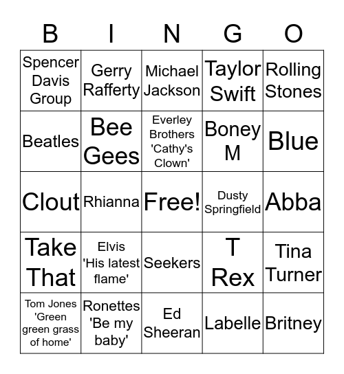 Musical Bingo Card