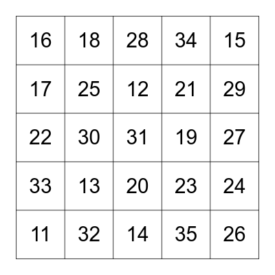 Number Bingo Card