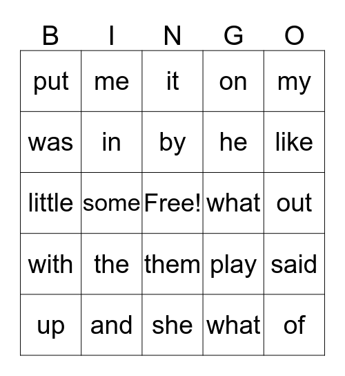 Sight Word Bingo Card