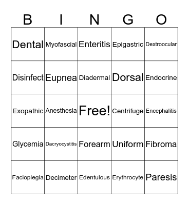 Medical Terminology  Bingo Card