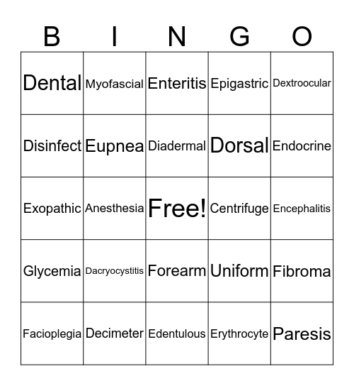 Medical Terminology  Bingo Card