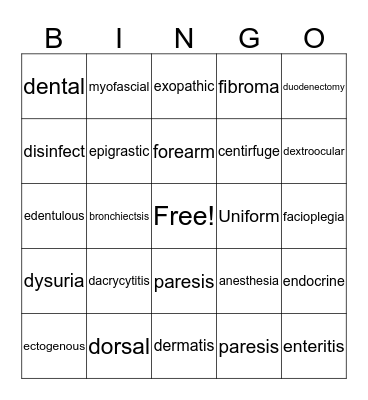 Medical Terms  Bingo Card