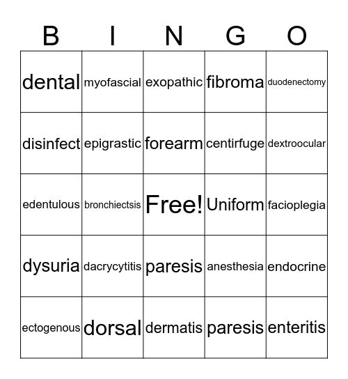 Medical Terms  Bingo Card