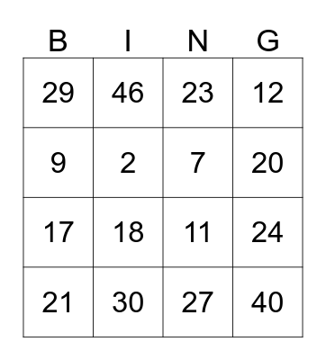 Loteria de Números  Bingo Card