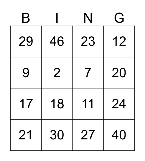 Loteria de Números  Bingo Card