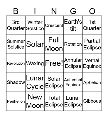 Earth, Sun, and Moon Bingo Card