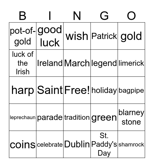 St Patrick's Day Bingo Card