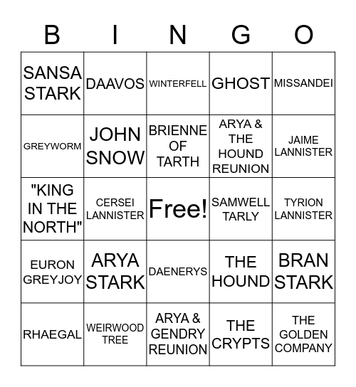 GAME OF THRONES BINGO Card