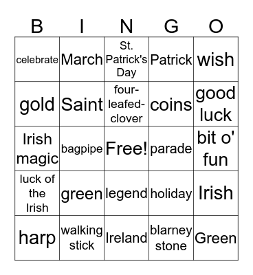 St Patrick's Day Bingo Card