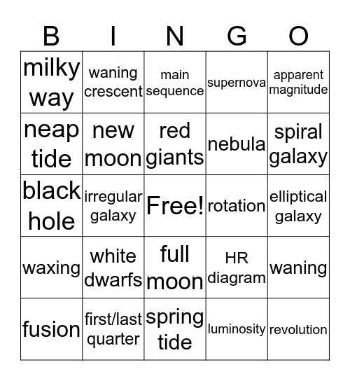 Universe Bingo Card