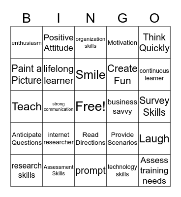 Skills for Trainers Bingo Card