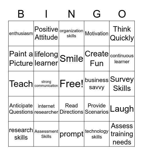 Skills for Trainers Bingo Card