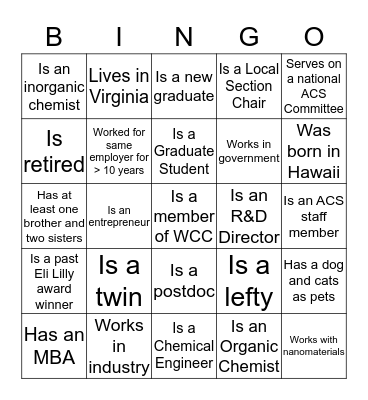 Women Chemists of Color Networking Event  Bingo Card