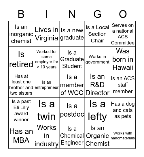 Women Chemists of Color Networking Event  Bingo Card