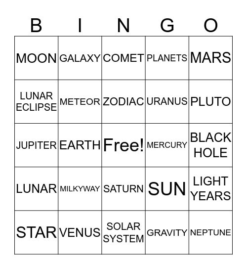 GALAXY AND SPACE  Bingo Card