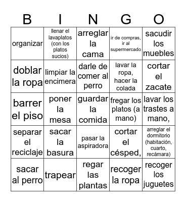 Los Quehaceres Bingo Card