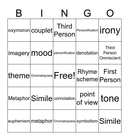 Literary Devices Bingo Card