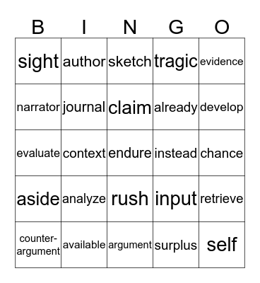 Bingo Vocabulary Test Bingo Card