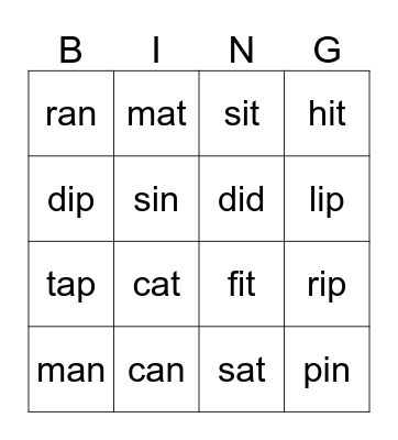 Short Vowel a, i Bingo Card