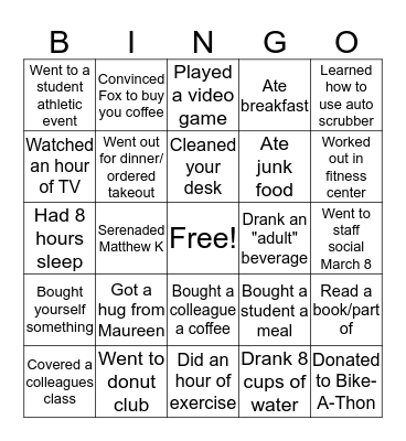 Eastglen Wellness BINGO Card