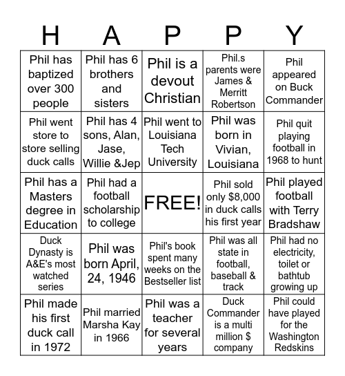 Happy, Happy, Happy Bingo Card