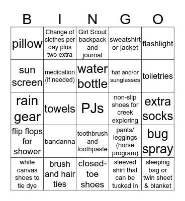 Girl Scout Camping Bingo! Bingo Card