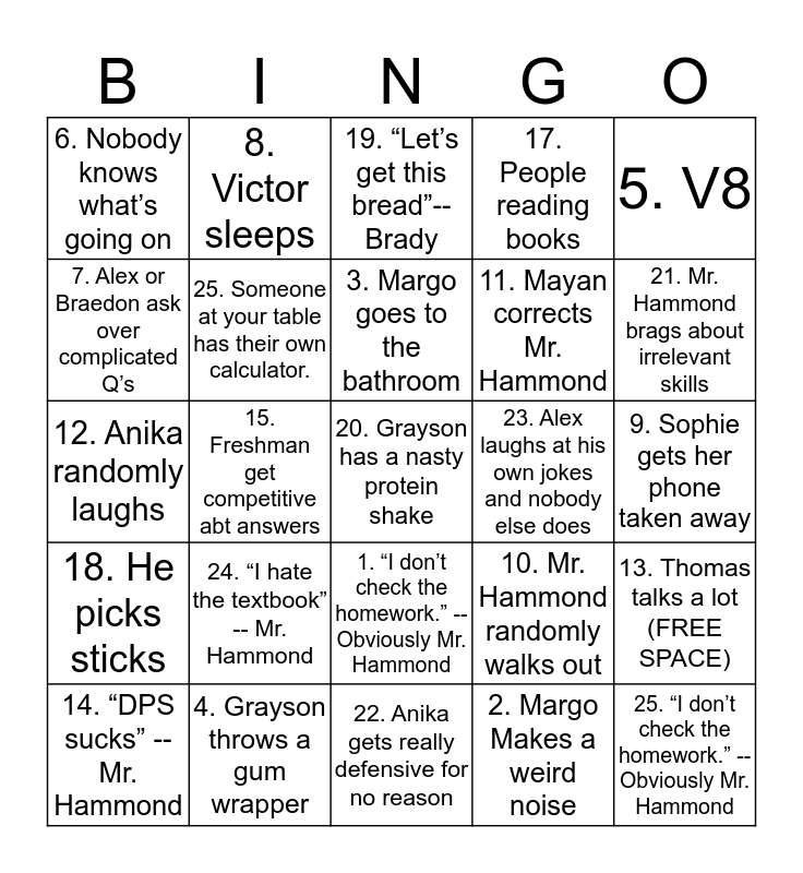 First Period Math w Mr. Hammond Bingo Card