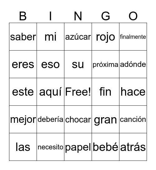 2nd Grade  Spanish Words Bingo Card