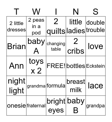 Eckstein Twin Girls Baby Shower! Bingo Card
