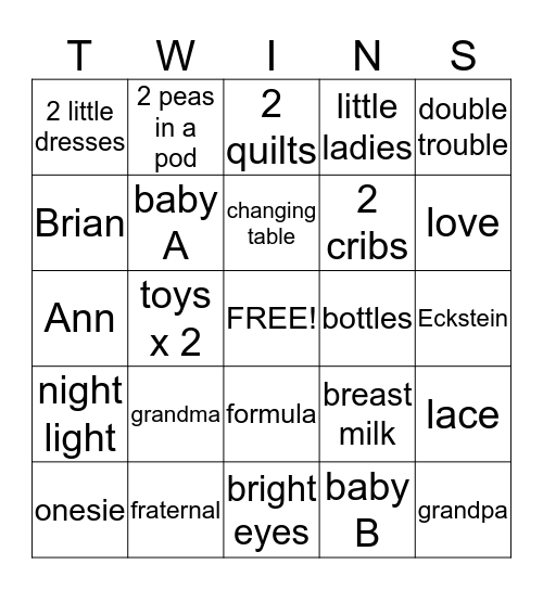 Eckstein Twin Girls Baby Shower! Bingo Card