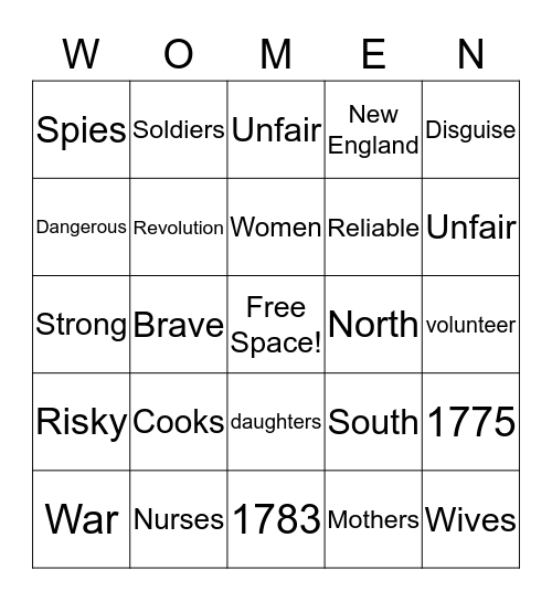 Revolutionary War Bingo Card
