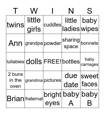 Eckstein Twin Girls Baby Shower! Bingo Card