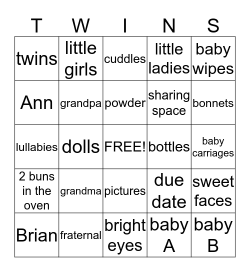 Eckstein Twin Girls Baby Shower! Bingo Card