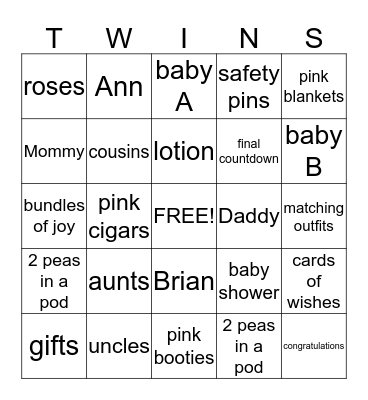 Eckstein Twin Girls Baby Shower! Bingo Card