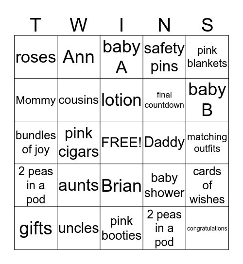 Eckstein Twin Girls Baby Shower! Bingo Card