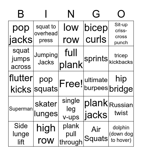 Fitness Bingo Card