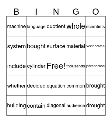 5th Grade Bingo Card
