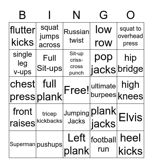 Fitness Bingo Card