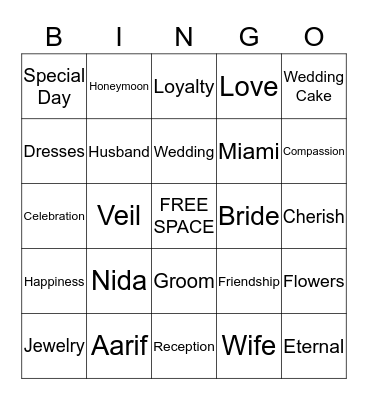 Nida's Bridal Shower Bingo Card