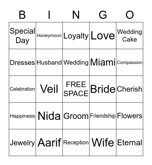 Nida's Bridal Shower Bingo Card