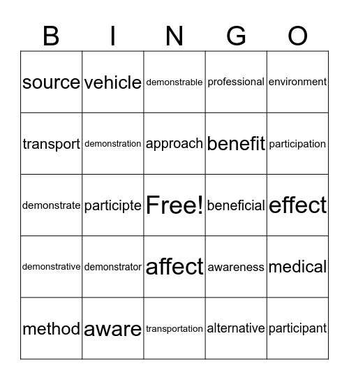 Unit 1 & 2 Vocabulary Bingo Card