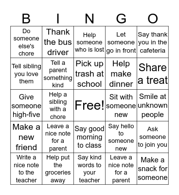 Acts of Kindness Bingo Card