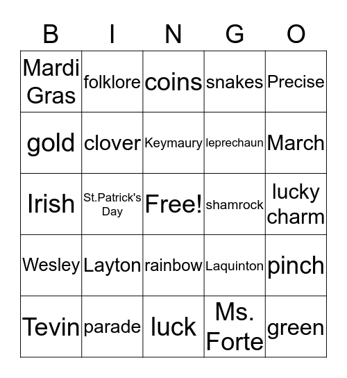 St. Patrick's Day Bingo Card