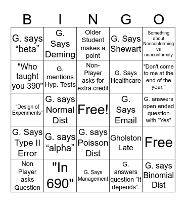 ISE 423 Bingo Card